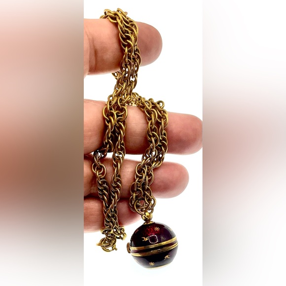 Vintage 1960s Signed Jean Perret Gold Tone Red Enamel Orb Necklace Watch Working - Picture 6 of 14
